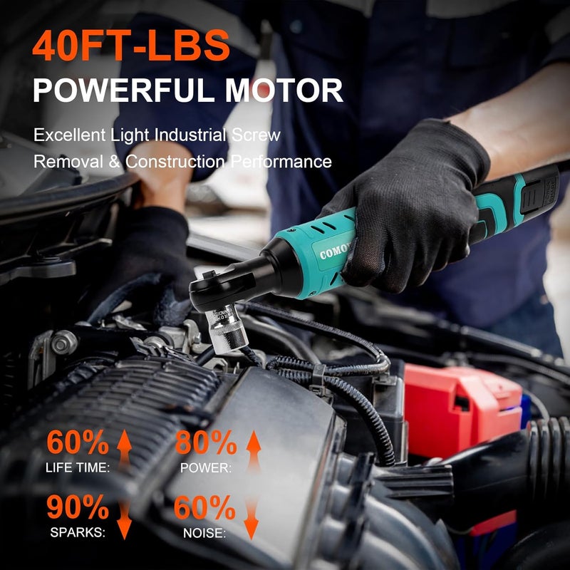 COMOWARE 3/8 Cordless Electric Ratchet Wrench Kit, 40ft-lbs Torque, 12V Power, 8 Sockets, LED Light, Fast Charger, Ergonomic Design - Image 3